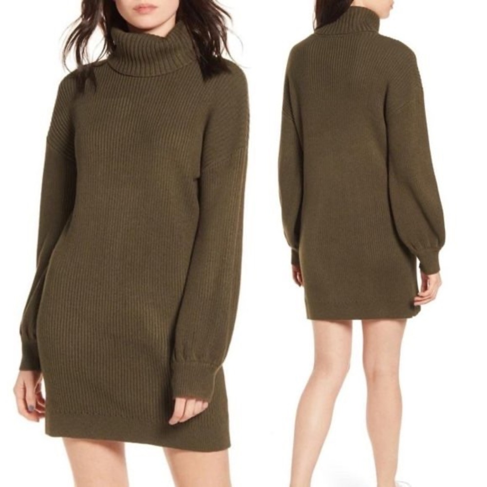 All in Favor Olive Green Ribbed Turtleneck Sweater Dress